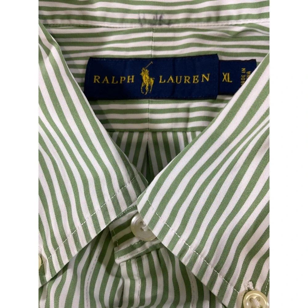 Polo Ralph Lauren XL Green White Striped Button Down Shirt Purple Pony Cotton